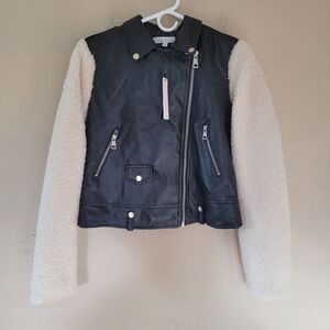 Love Tree Womens Faux Leather Sherpa Black Moto Jacket Size Large Biker Zipper